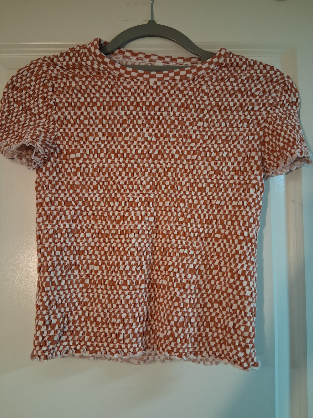 American Eagle Outfitters Rust & White Smocked Short Sleeve Semi Cropped Top
